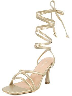 Women's Gold Tie up Stiletto Heels Square Open Toe Sandals for Wedding Heels